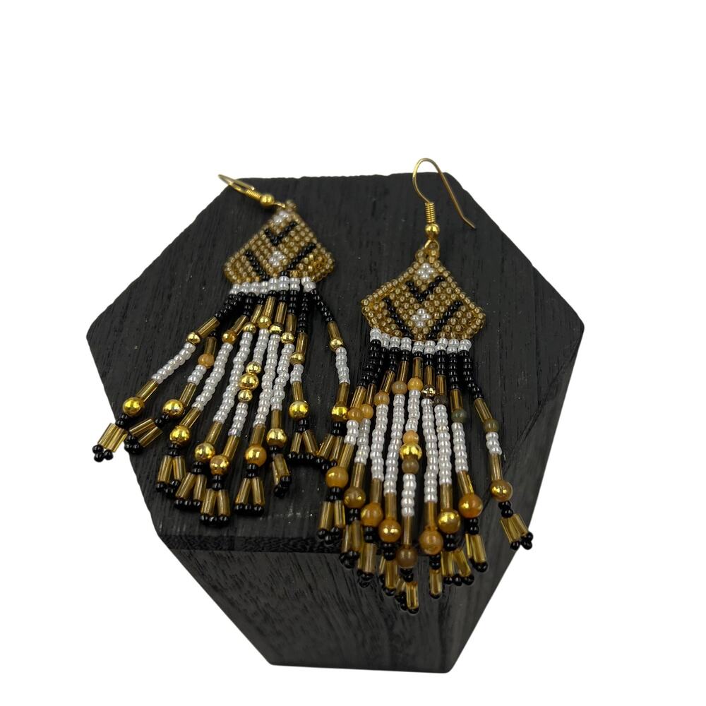 Vintage Handmade Seed Bead Fringe Dangle Earrings Southwestern Boho Pierced‎